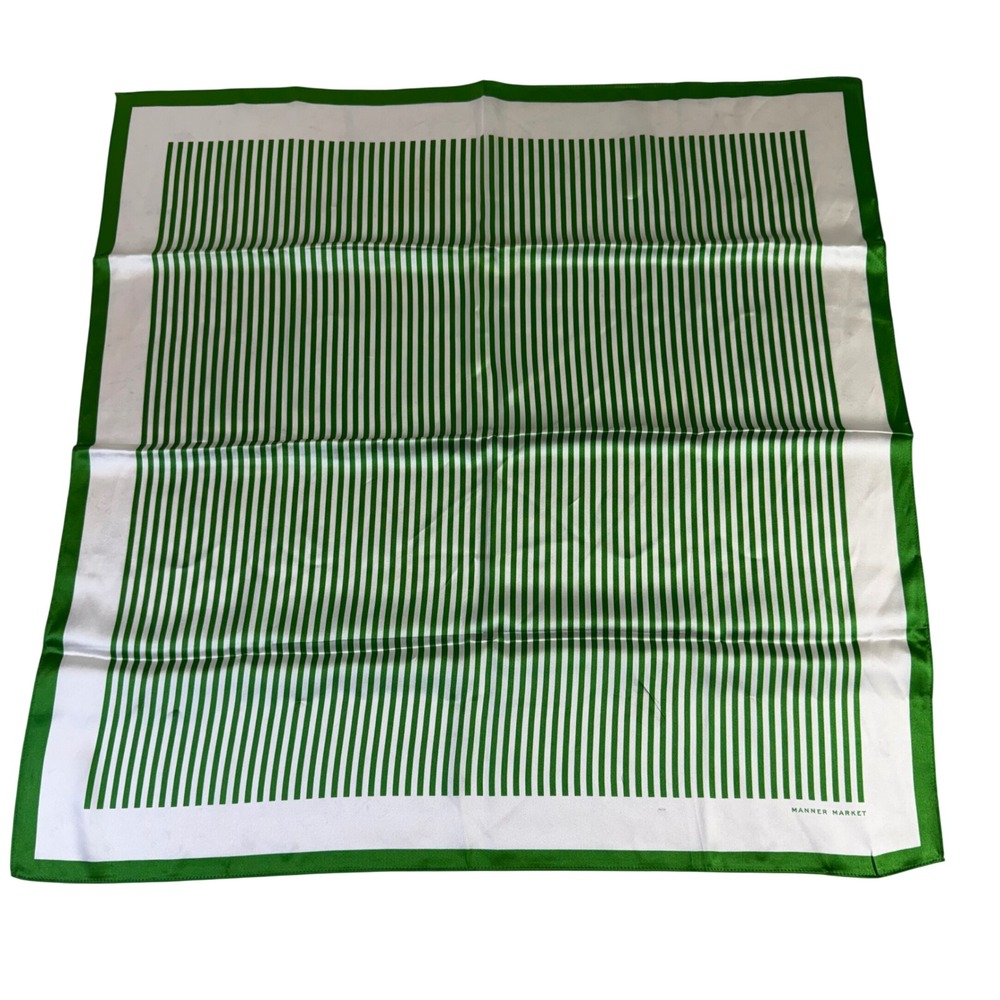 Manner Market Silk Scarf Green White Striped Square Neckerchief
